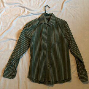 Express1MX Small(14-14.5) Fitted Dress Shirt. Green with White Vertical Stripes